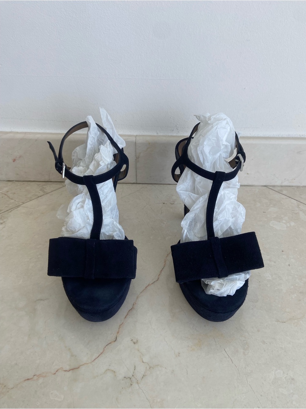 Marni Dark Navy Blue Suede T-Strap Bow Platform Sandals with Dust Bags